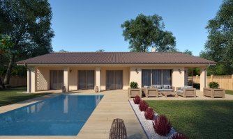 Grand bungalow à 4 pièces avec garage double et terrasse, accessible depuis tous les espaces de vie.